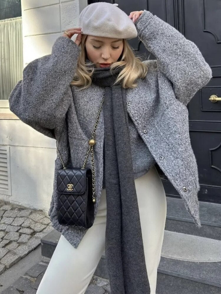 Oversized Wool Coat with Round Neck and Buttons - Selena-Camel-S-Nora Luxe
