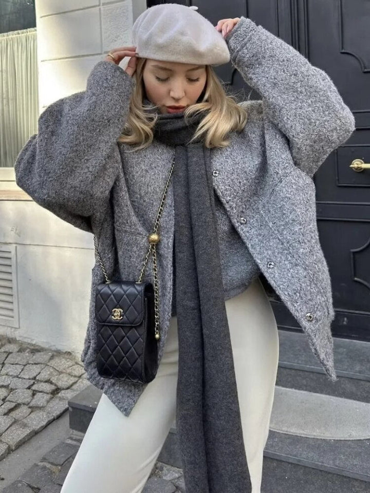 Oversized Wool Coat with Round Neck and Buttons - Selena-Camel-S-Nora Luxe