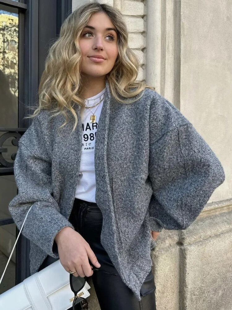 Oversized Wool Coat with Round Neck and Buttons - Selena-Camel-S-Nora Luxe