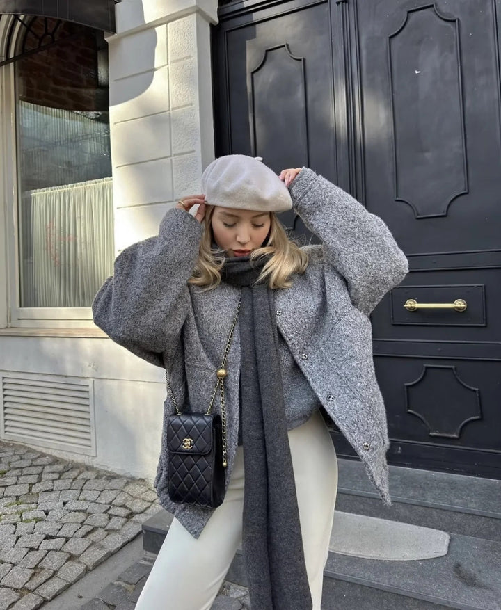 Oversized Wool Coat with Round Neck and Buttons - Selena-Camel-S-Nora Luxe