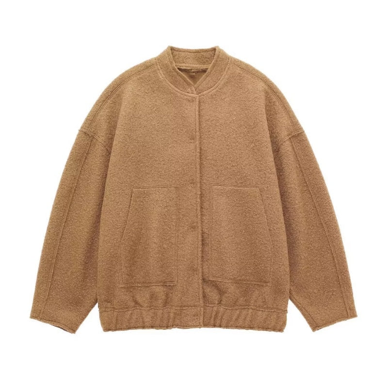 Oversized Wool Coat with Round Neck and Buttons - Selena-Camel-S-Nora Luxe