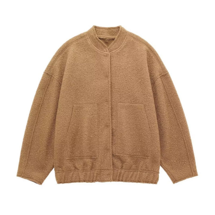 Oversized Wool Coat with Round Neck and Buttons - Selena-Camel-S-Nora Luxe