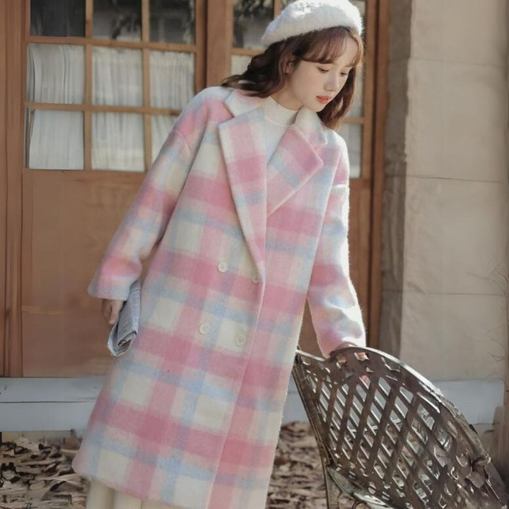 Pastel-Colored Checked Wool Mix Coat with Double-Breasted Buttons - Sofie-XS-Nora Luxe