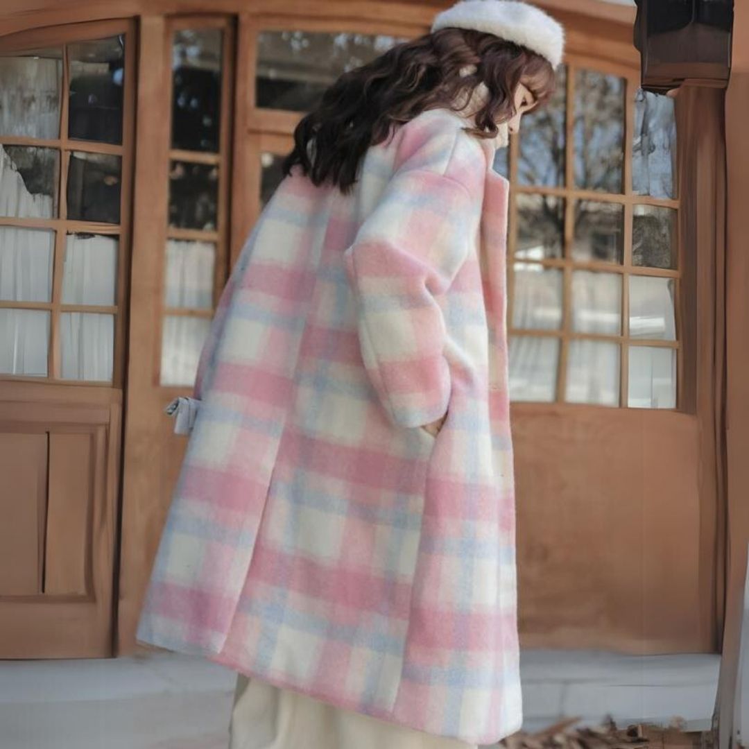 Pastel-Colored Checked Wool Mix Coat with Double-Breasted Buttons - Sofie-XS-Nora Luxe