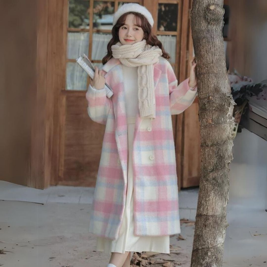 Pastel-Colored Checked Wool Mix Coat with Double-Breasted Buttons - Sofie-XS-Nora Luxe