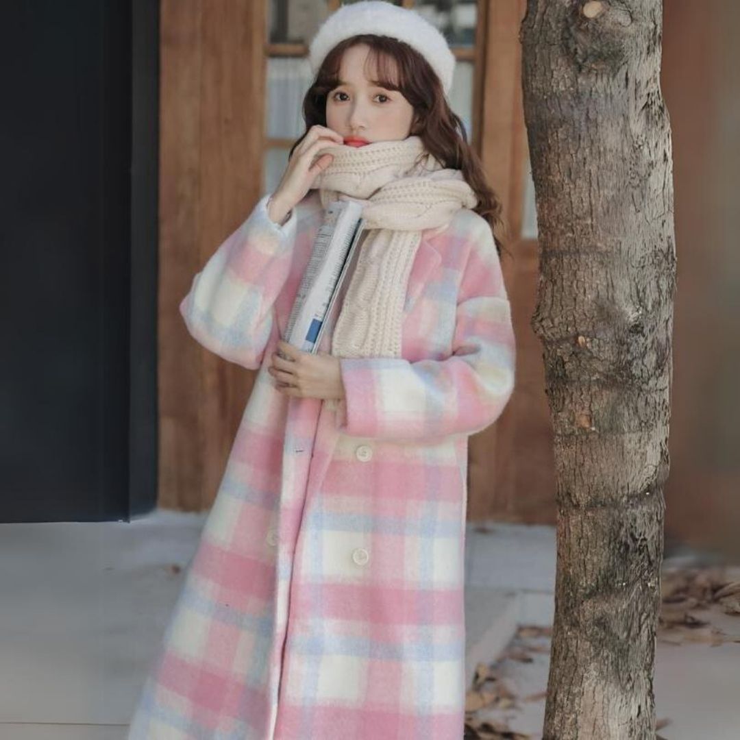 Pastel-Colored Checked Wool Mix Coat with Double-Breasted Buttons - Sofie-XS-Nora Luxe