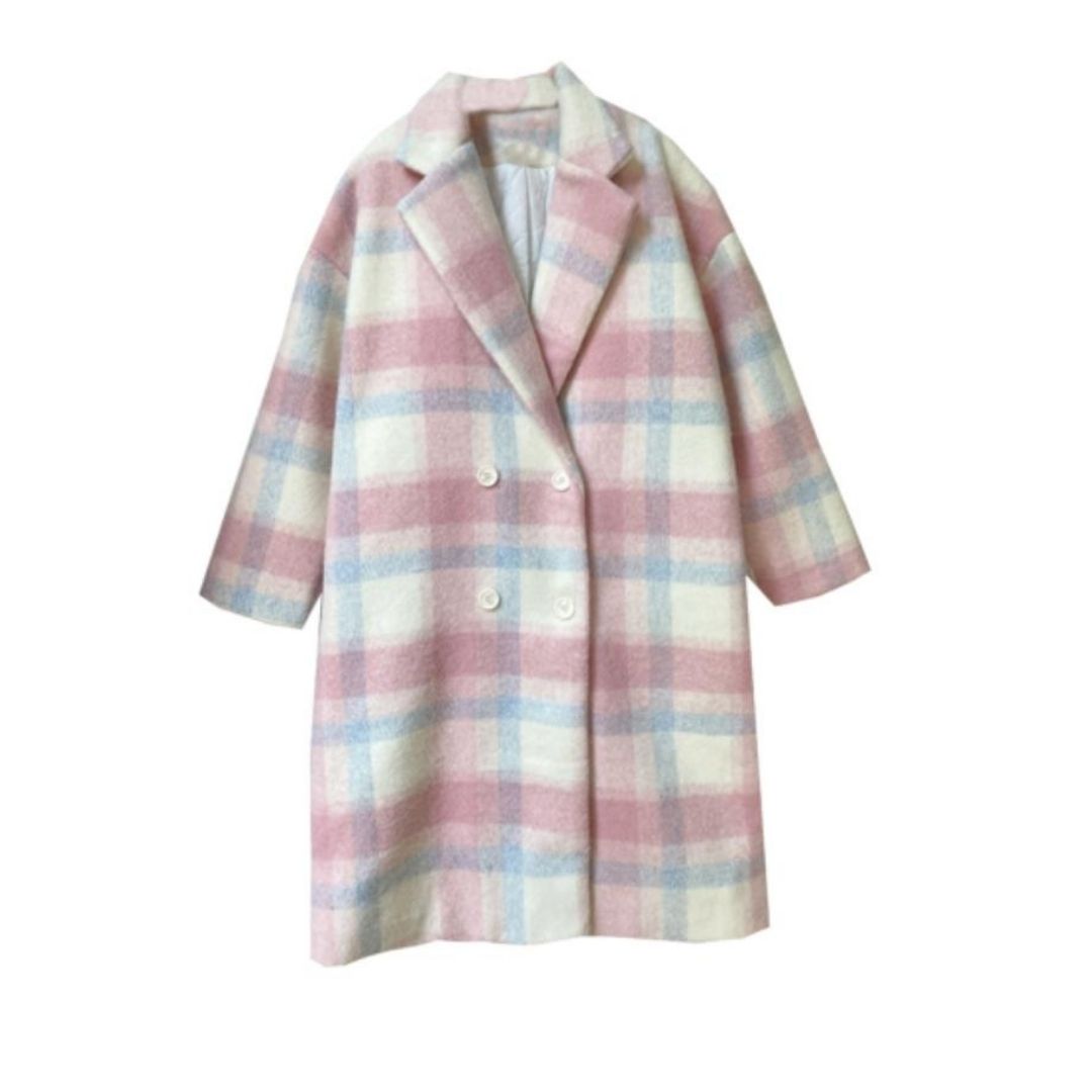 Pastel-Colored Checked Wool Mix Coat with Double-Breasted Buttons - Sofie-XS-Nora Luxe