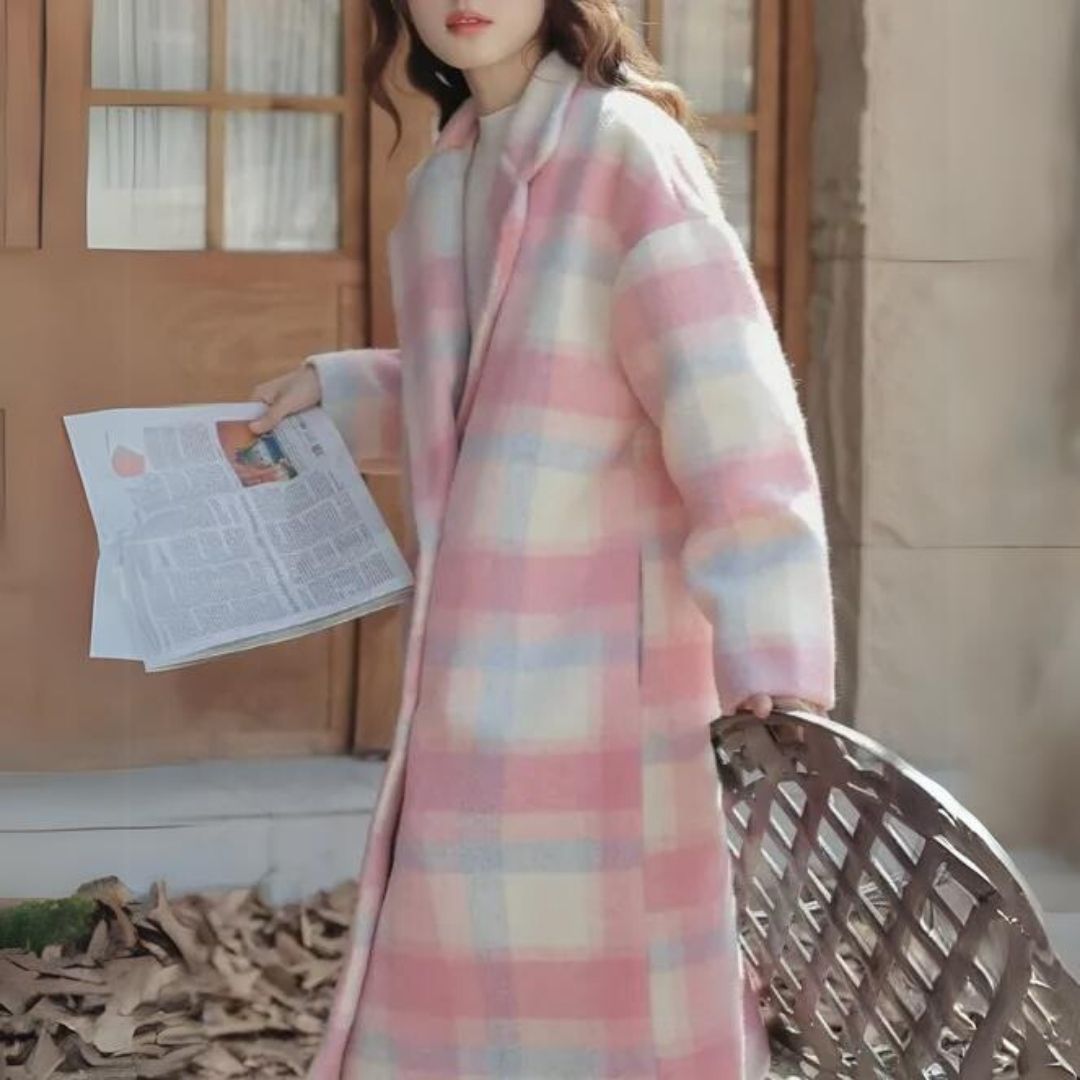 Pastel-Colored Checked Wool Mix Coat with Double-Breasted Buttons - Sofie-XS-Nora Luxe