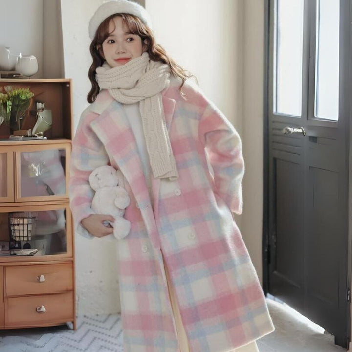 Pastel-Colored Checked Wool Mix Coat with Double-Breasted Buttons - Sofie-XS-Nora Luxe