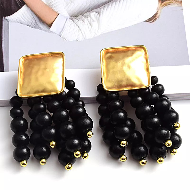 Pearl-Shaped Wooden Chain Drop Earrings | Unique Handmade Jewellery-BLACK-Nora Luxe
