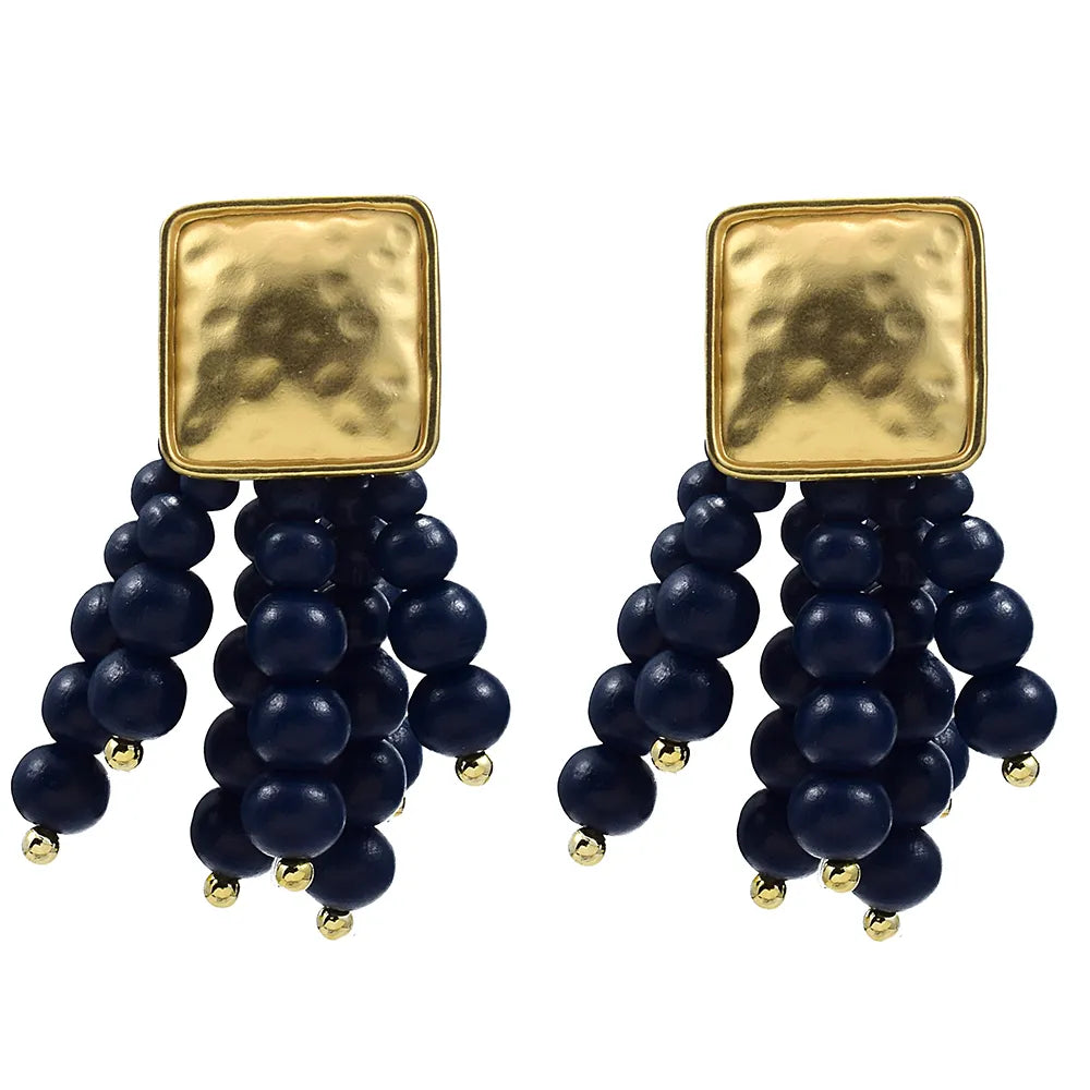 Pearl-Shaped Wooden Chain Drop Earrings | Unique Handmade Jewellery-BLUE-Nora Luxe