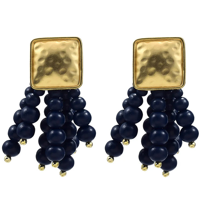 Pearl-Shaped Wooden Chain Drop Earrings | Unique Handmade Jewellery-BLUE-Nora Luxe