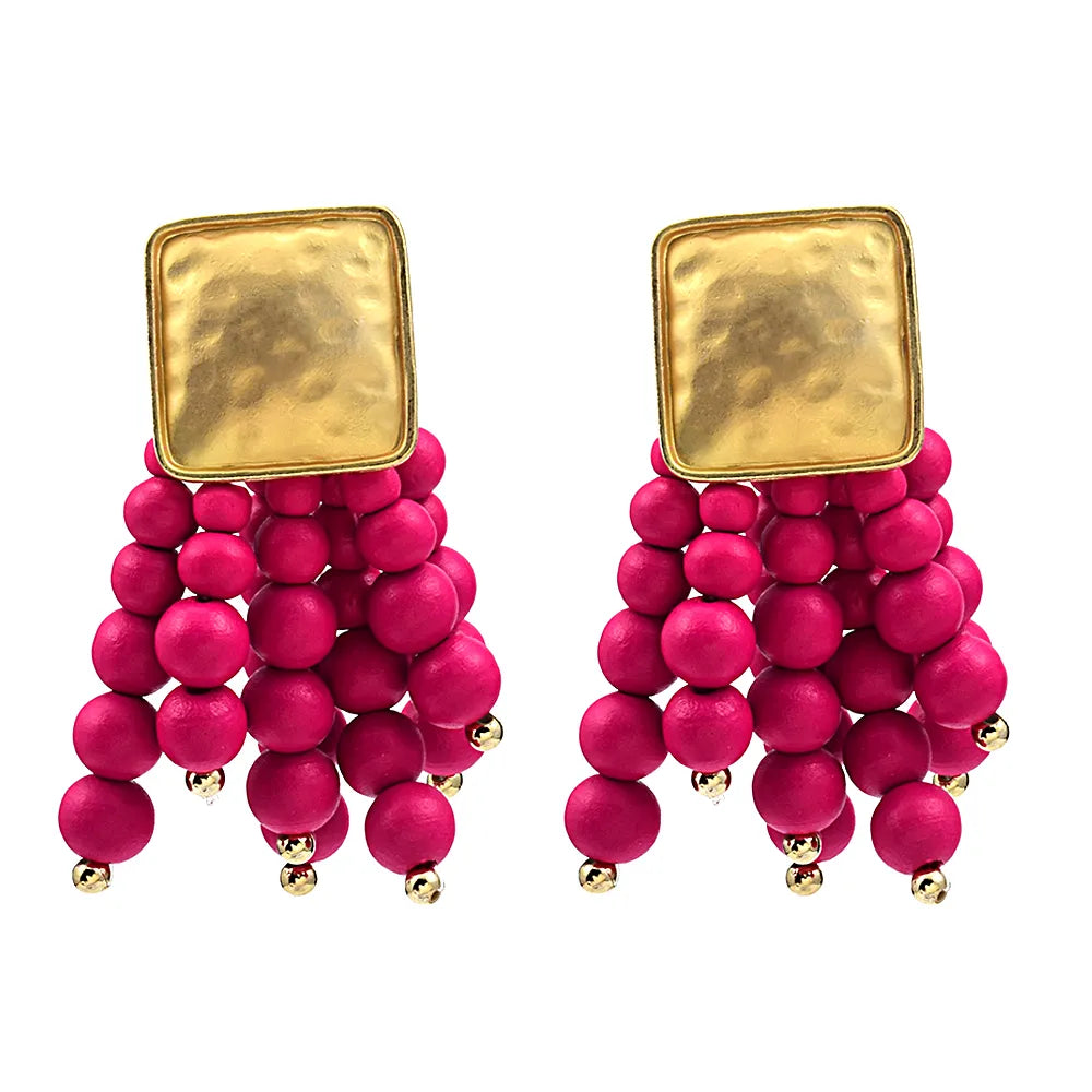 Pearl-Shaped Wooden Chain Drop Earrings | Unique Handmade Jewellery-DARK PINK-Nora Luxe