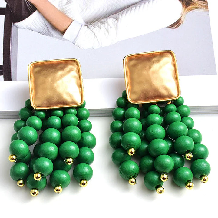 Pearl-Shaped Wooden Chain Drop Earrings | Unique Handmade Jewellery-GREEN-Nora Luxe