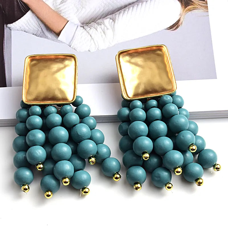 Pearl-Shaped Wooden Chain Drop Earrings | Unique Handmade Jewellery-LIGHT BLUE-Nora Luxe