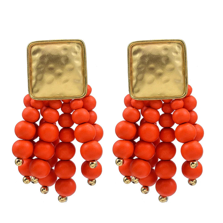 Pearl-Shaped Wooden Chain Drop Earrings | Unique Handmade Jewellery-ORANGE-Nora Luxe