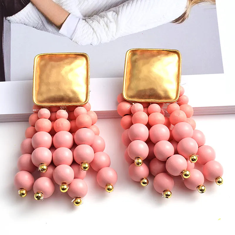 Pearl-Shaped Wooden Chain Drop Earrings | Unique Handmade Jewellery-PINK-Nora Luxe