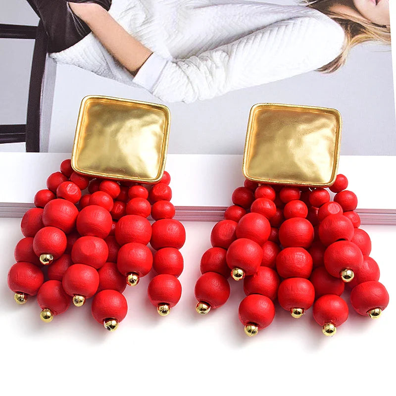 Pearl-Shaped Wooden Chain Drop Earrings | Unique Handmade Jewellery-RED-Nora Luxe