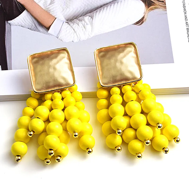 Pearl-Shaped Wooden Chain Drop Earrings | Unique Handmade Jewellery-YELLO-Nora Luxe