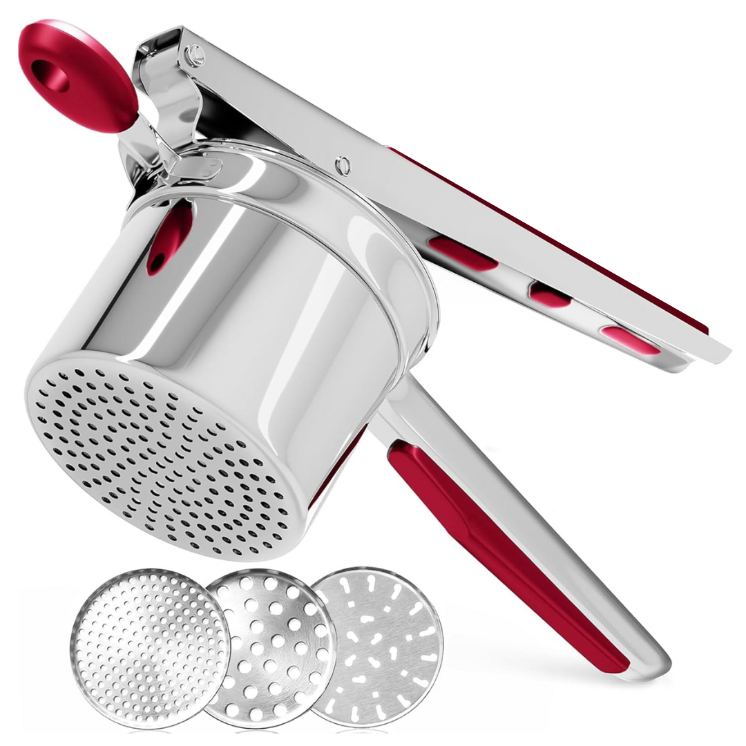 Perfect Mashed Potatoes: Heavy Stainless Steel Potato Masher-Red-Hard disk-Nora Luxe