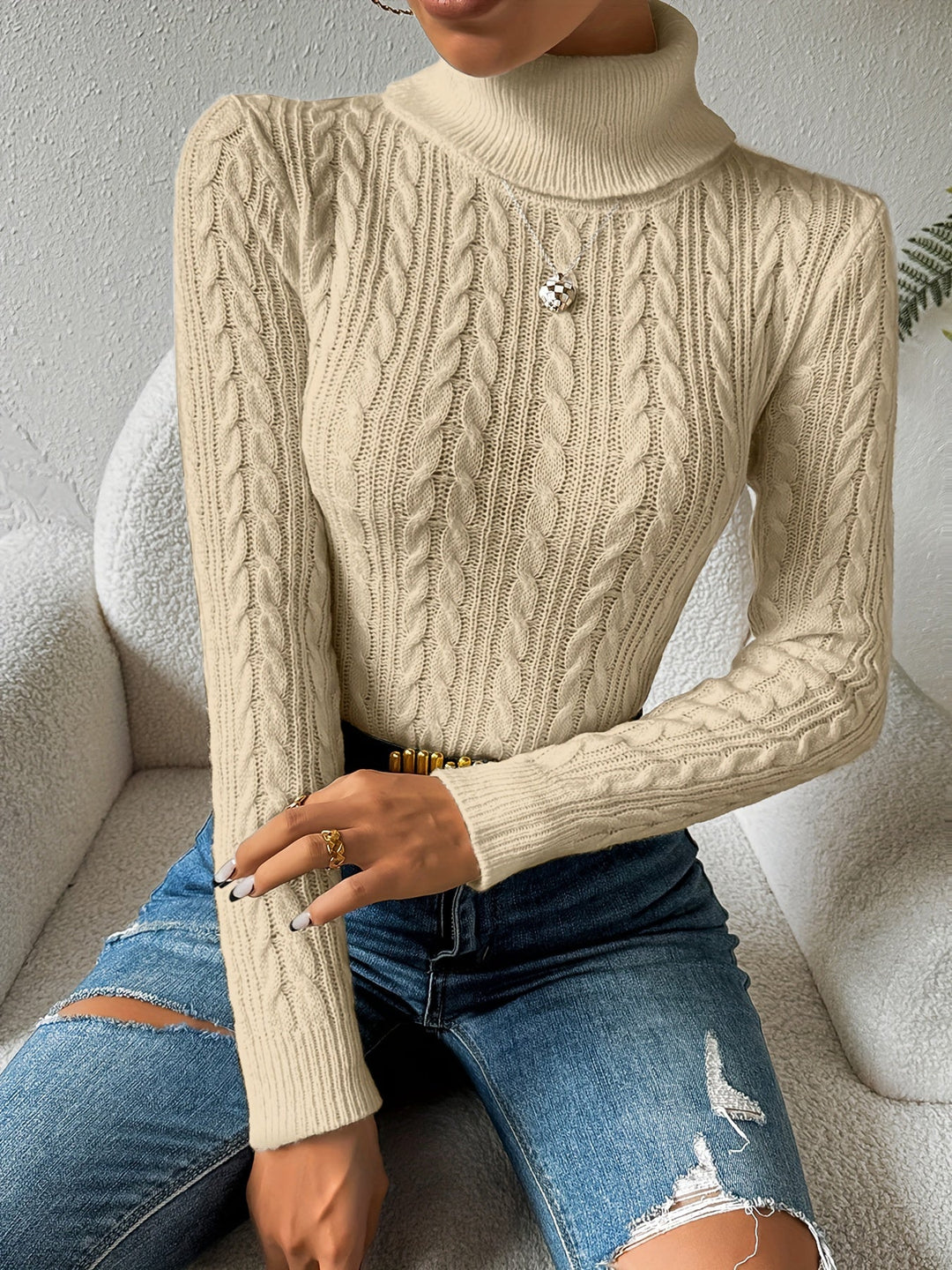 Plain Cable Knit Sweater for Women - Amara-Beige-S-Nora Luxe