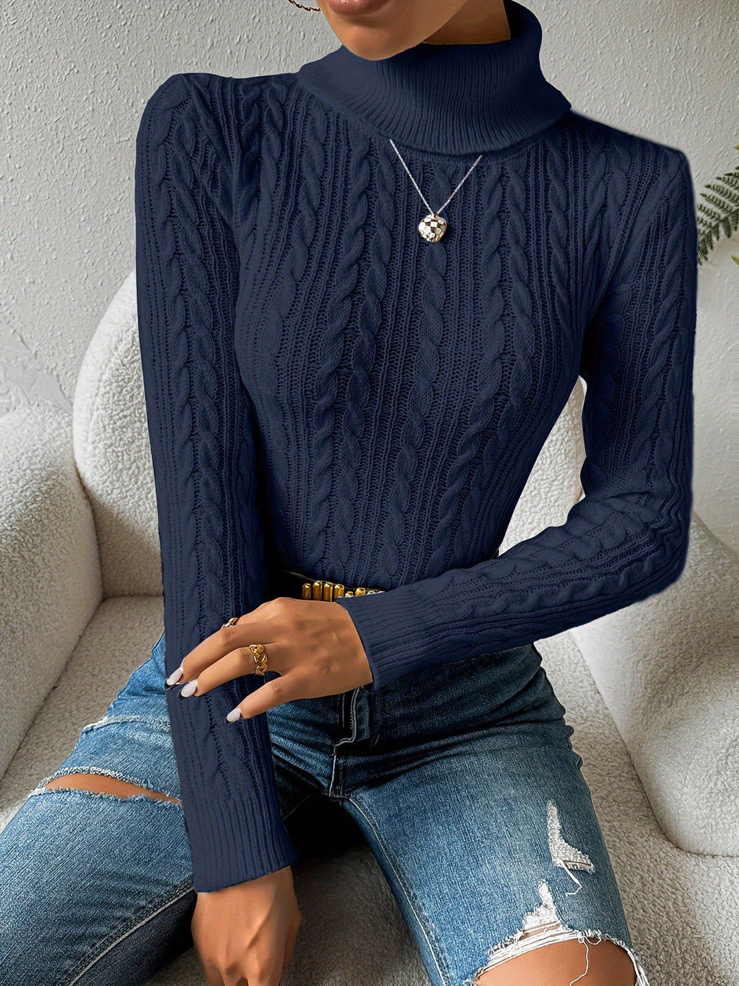 Plain Cable Knit Sweater for Women - Amara-Dark blue-S-Nora Luxe