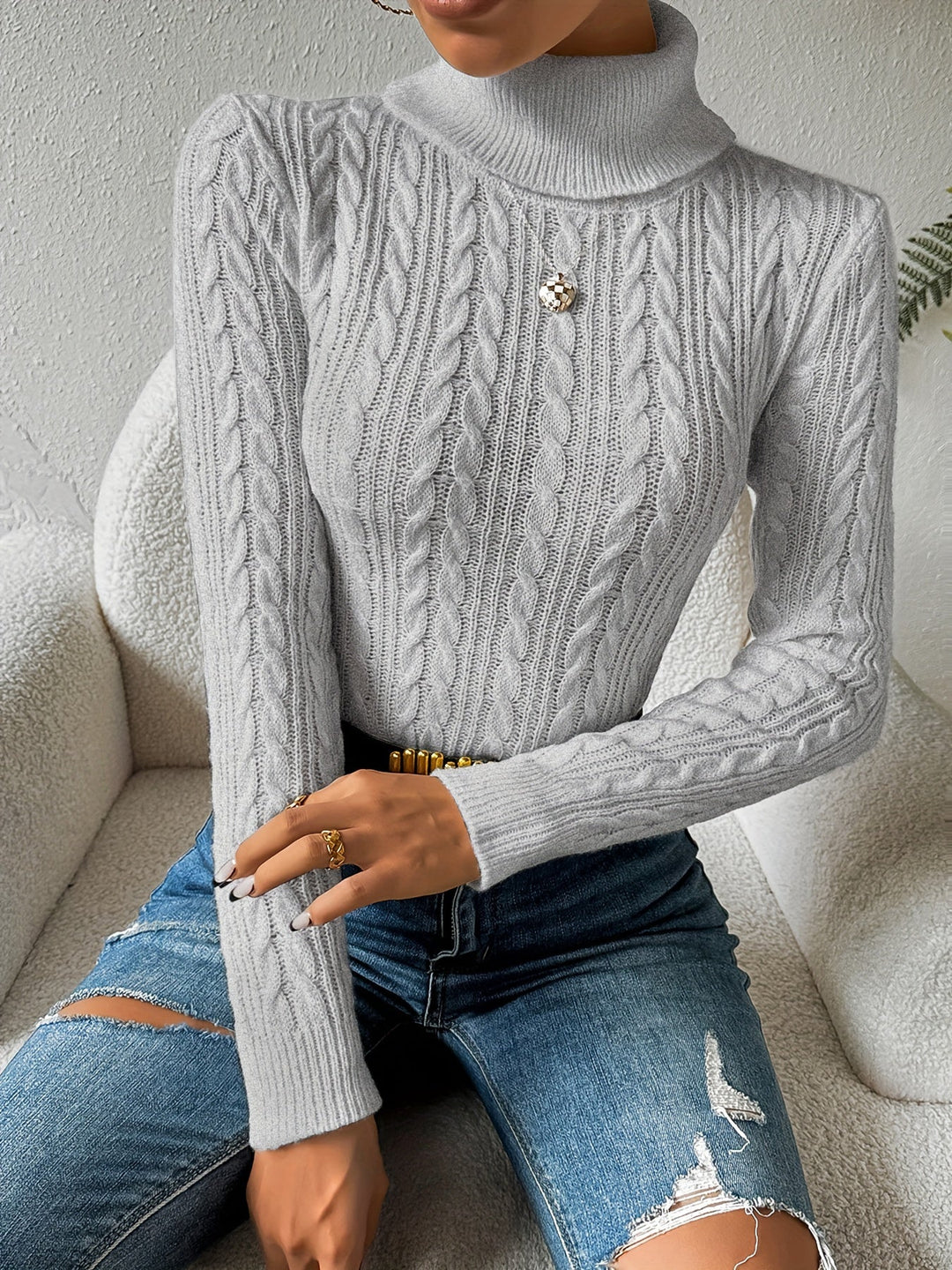 Plain Cable Knit Sweater for Women - Amara-Gray-S-Nora Luxe