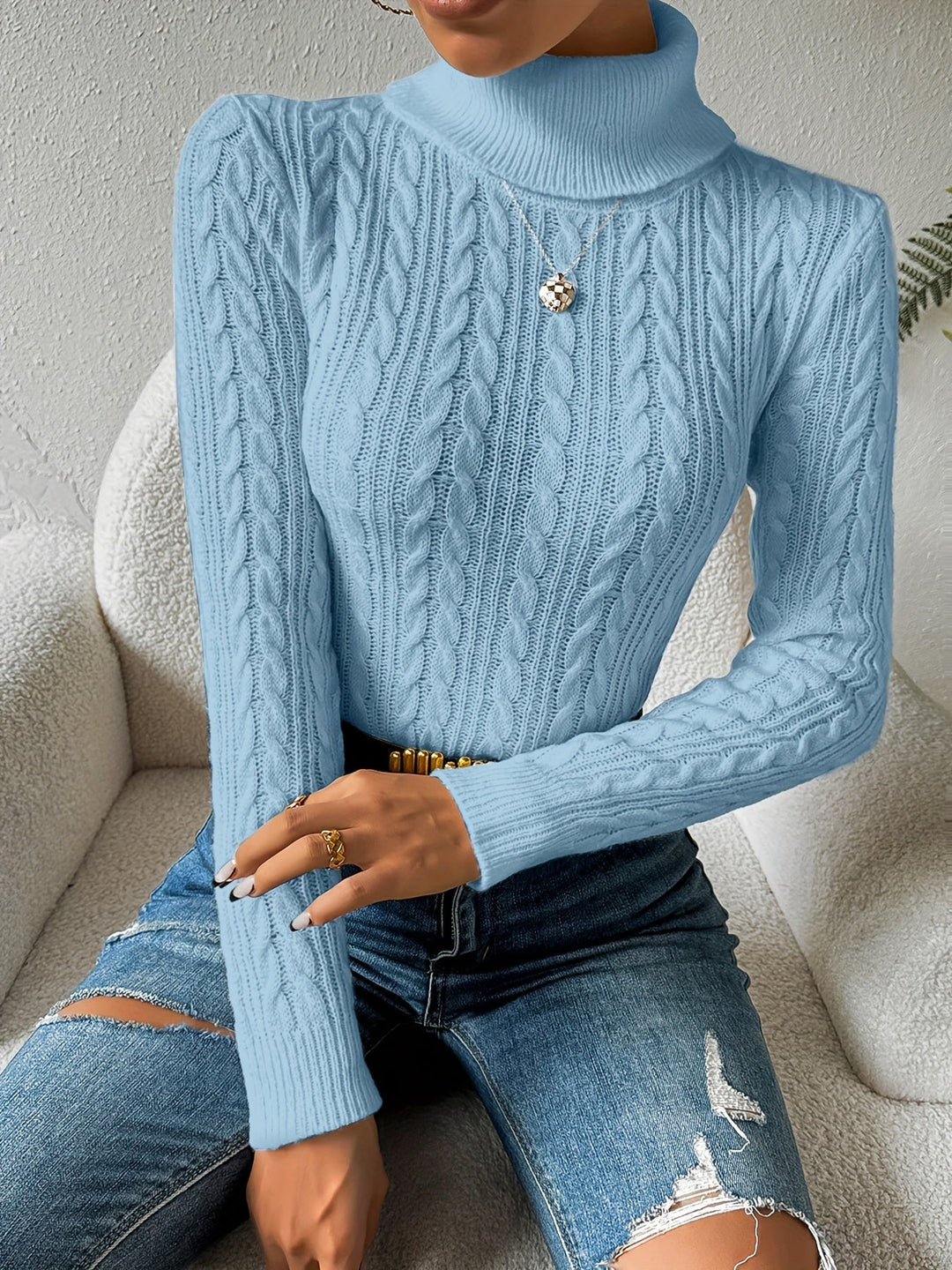 Plain Cable Knit Sweater for Women - Amara-Light blue-S-Nora Luxe