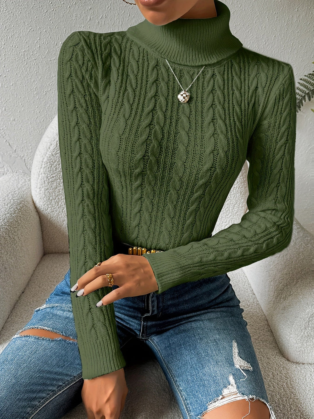 Plain Cable Knit Sweater for Women - Amara-Olive green-S-Nora Luxe
