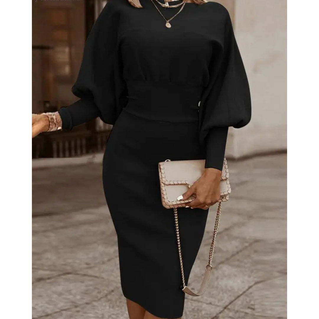 Plain Colour Cocktail Dress with Lantern Sleeves - Lena-Black-S-Nora Luxe