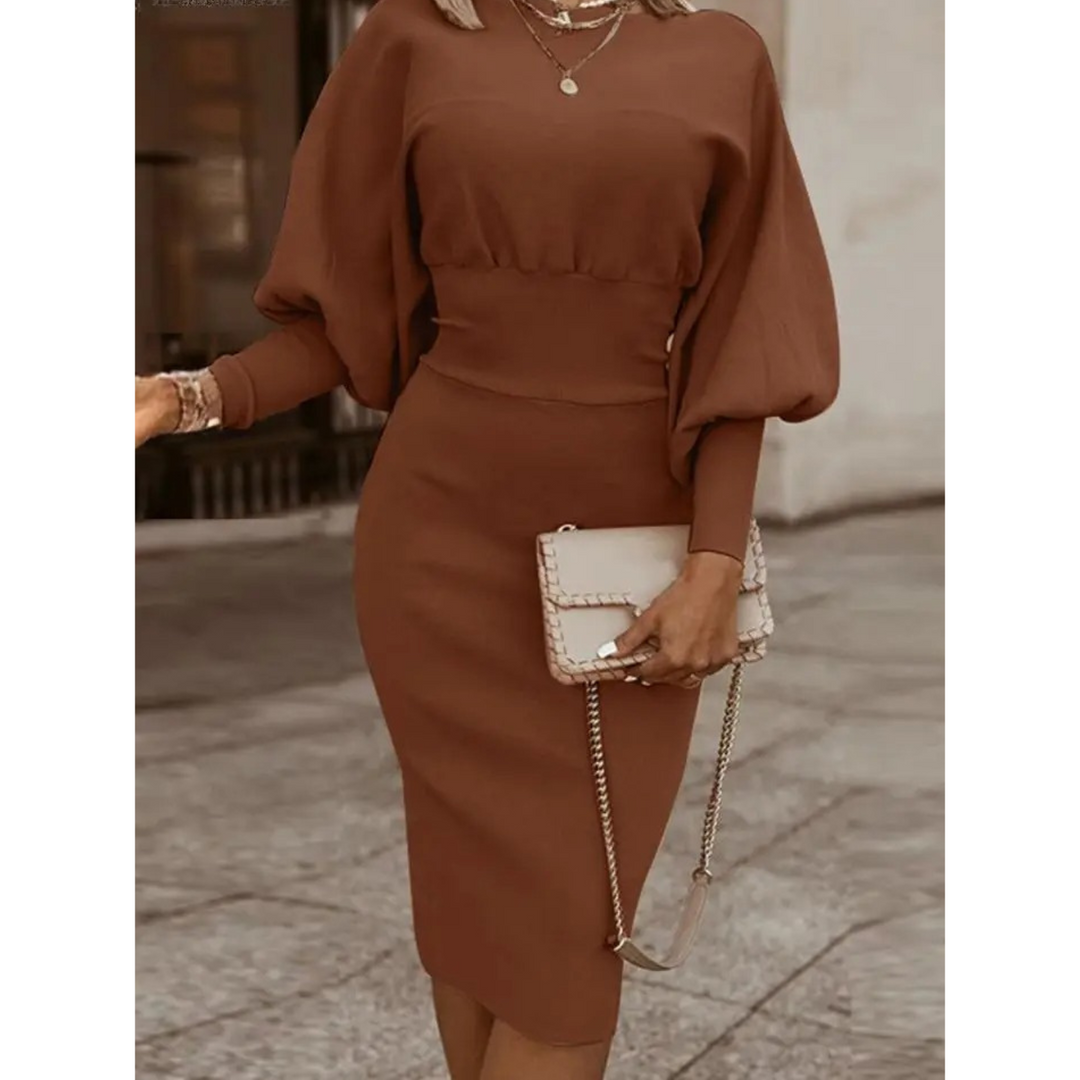 Plain Colour Cocktail Dress with Lantern Sleeves - Lena-Brown-S-Nora Luxe
