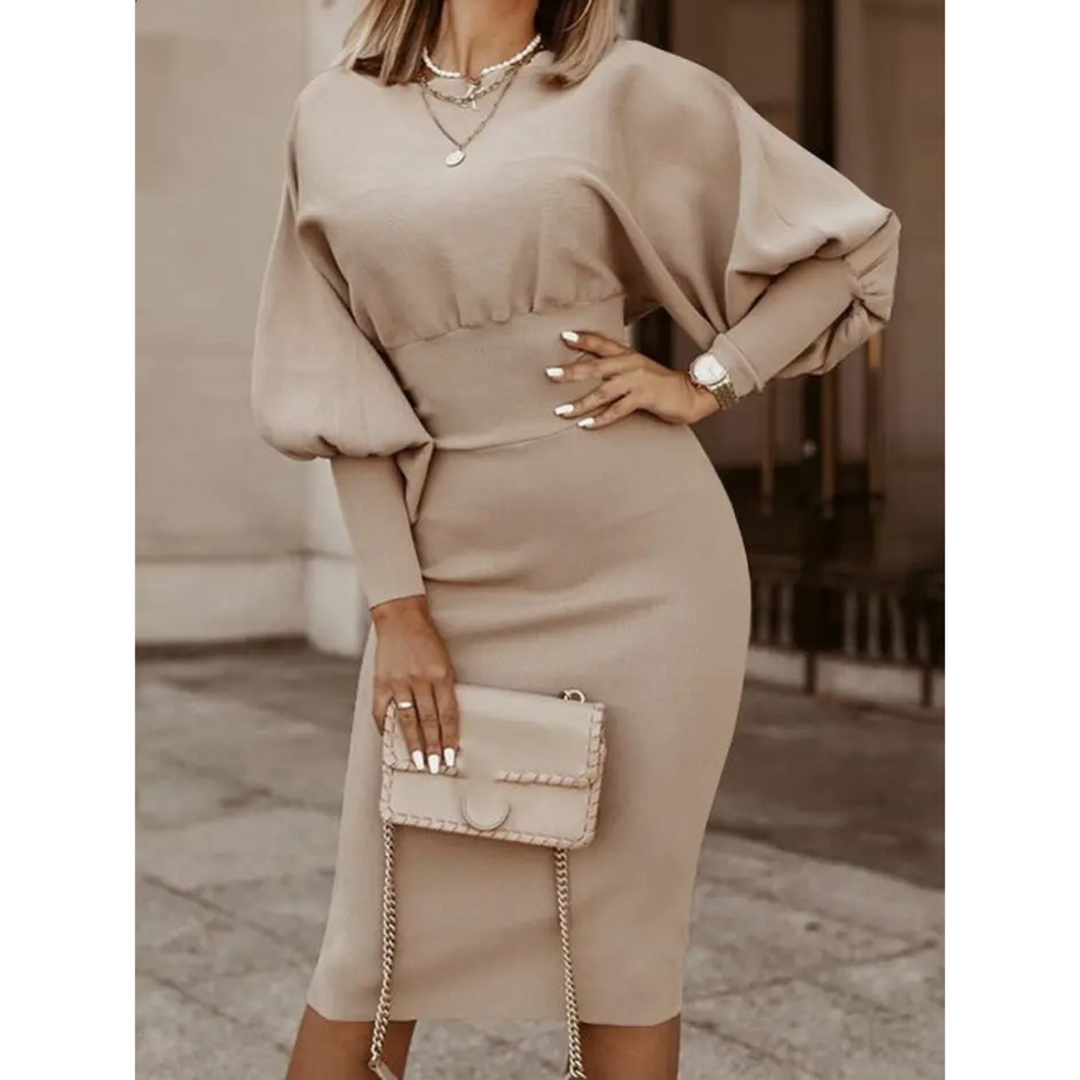 Plain Colour Cocktail Dress with Lantern Sleeves - Lena-Light brown-S-Nora Luxe