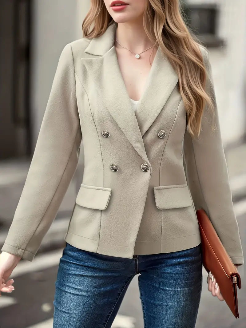Plain Double-Breasted Blazer - Victoria-Beige-S-Nora Luxe