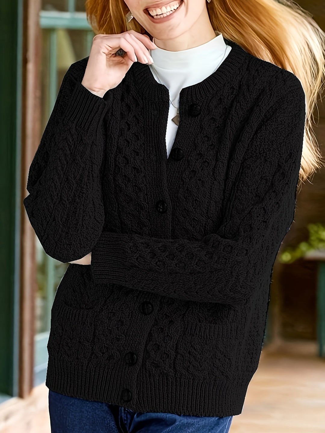 Plain Knitted Cardigan with Button Closure and Pockets - Olivia-Black-S-Nora Luxe