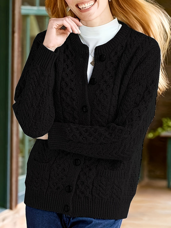 Plain Knitted Cardigan with Button Closure and Pockets - Olivia-Black-S-Nora Luxe