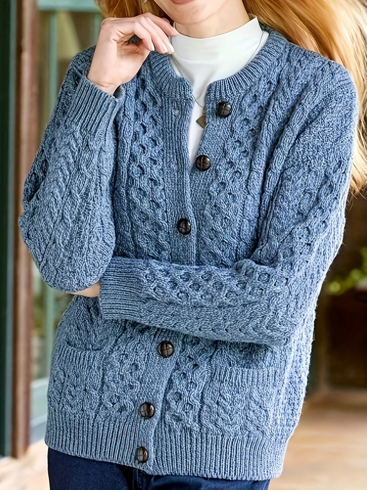 Plain Knitted Cardigan with Button Closure and Pockets - Olivia-Blue-S-Nora Luxe