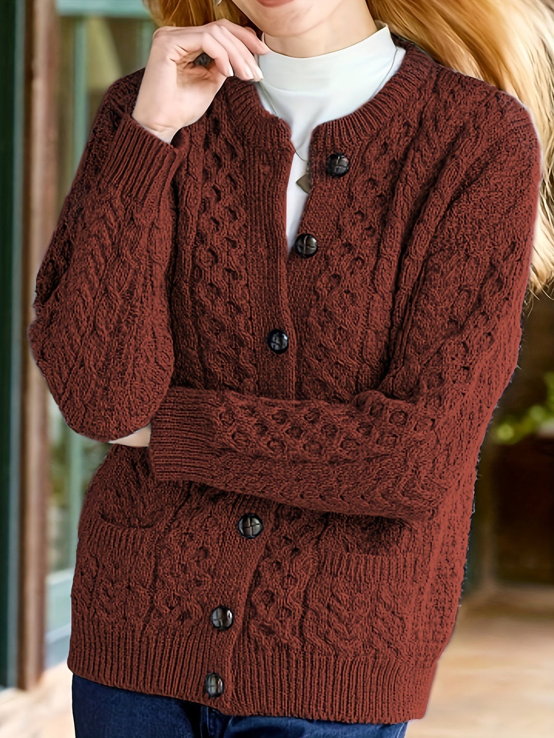 Plain Knitted Cardigan with Button Closure and Pockets - Olivia-Brown-S-Nora Luxe