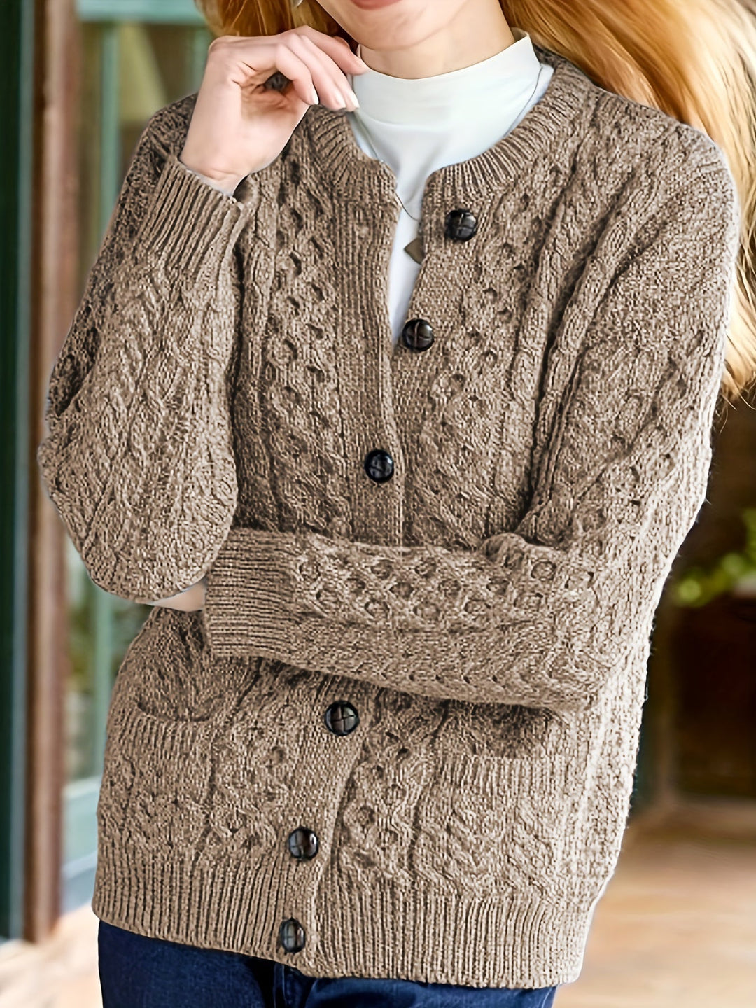 Plain Knitted Cardigan with Button Closure and Pockets - Olivia-Light brown-S-Nora Luxe