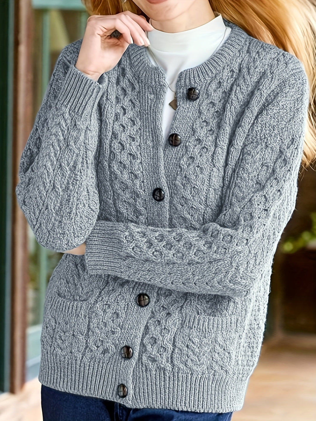 Plain Knitted Cardigan with Button Closure and Pockets - Olivia-Silver gray-S-Nora Luxe