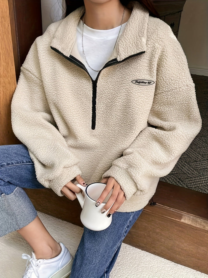 Plain Pullover Sweatshirt with Zipper - Nina-Beige-S-Nora Luxe