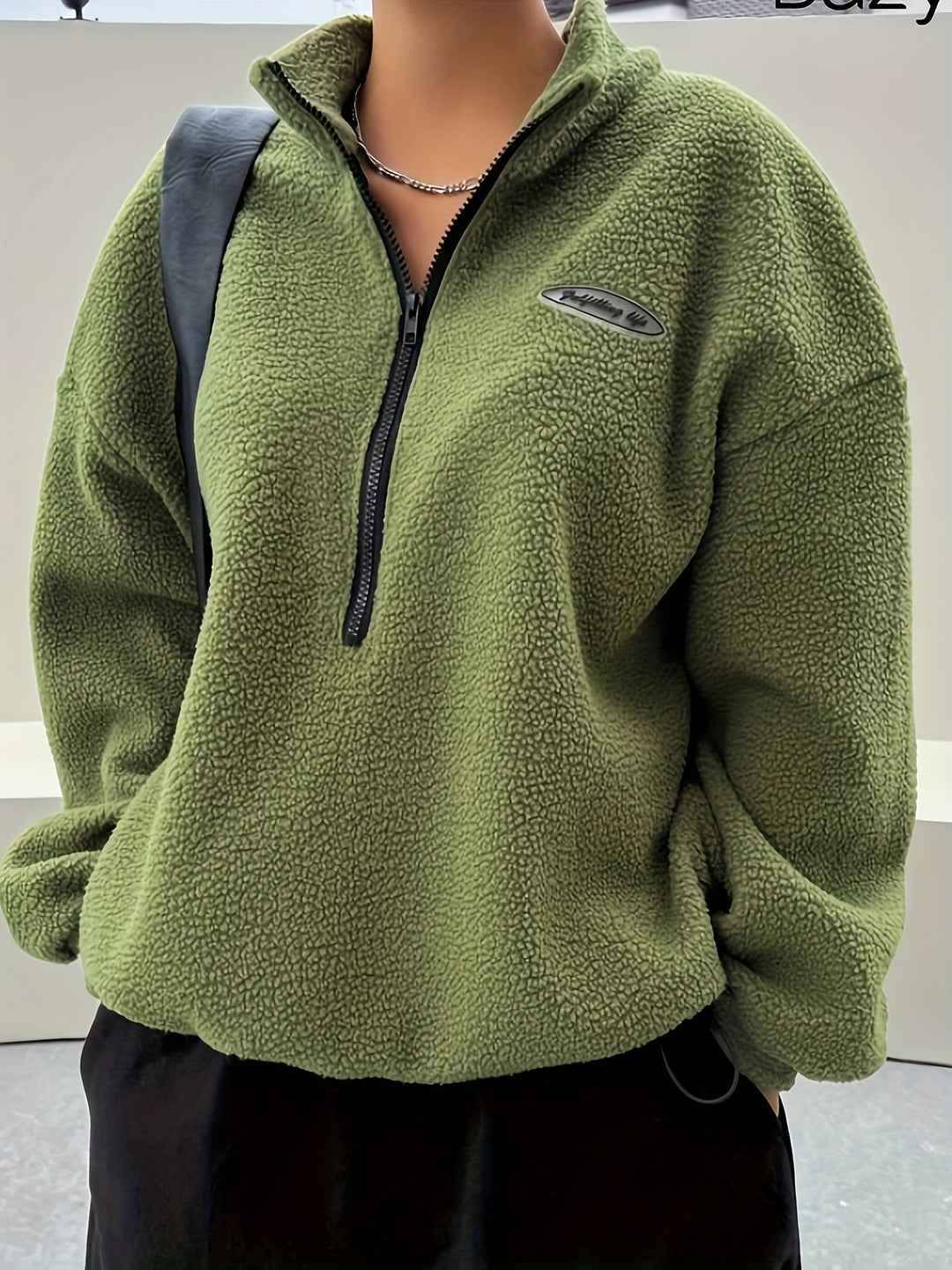 Plain Pullover Sweatshirt with Zipper - Nina-Green-S-Nora Luxe