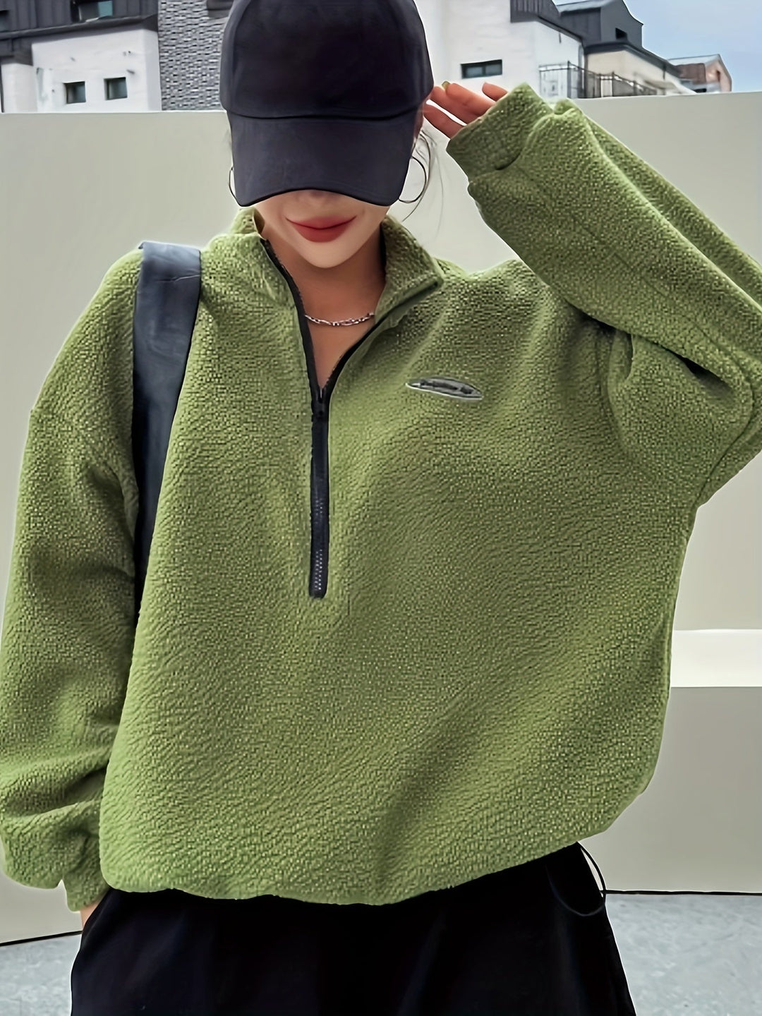 Plain Pullover Sweatshirt with Zipper - Nina-Green-S-Nora Luxe