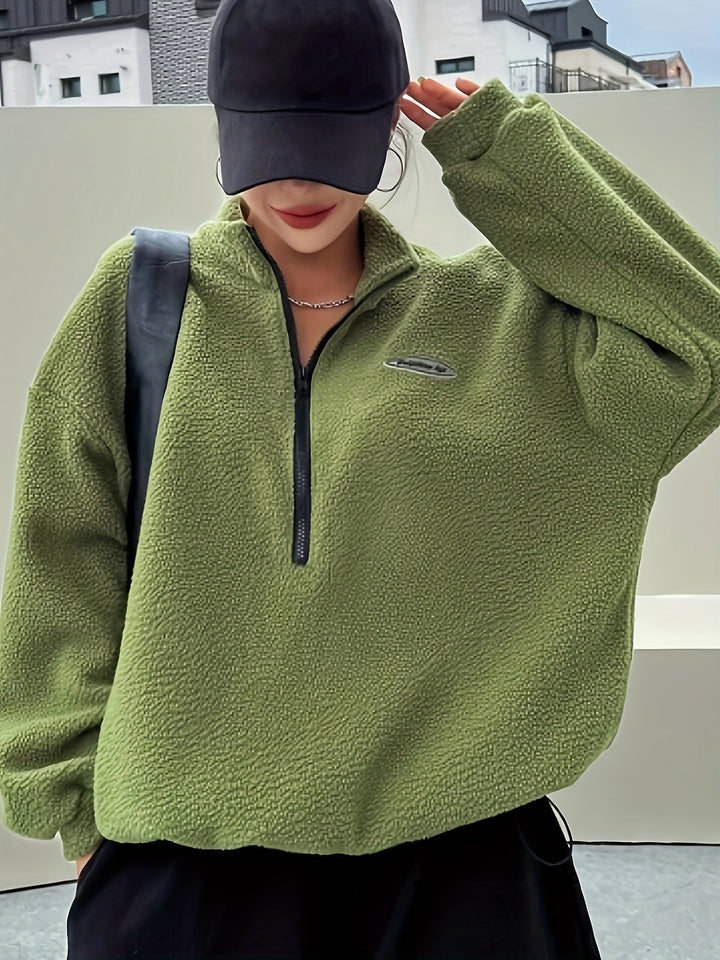 Plain Pullover Sweatshirt with Zipper - Nina-Green-S-Nora Luxe