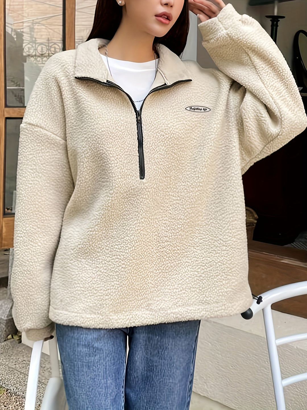 Plain Pullover Sweatshirt with Zipper - Nina-Green-S-Nora Luxe