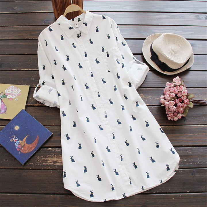 Playful shirt dress with rabbit print and lapel collar – Elina-M-Nora Luxe
