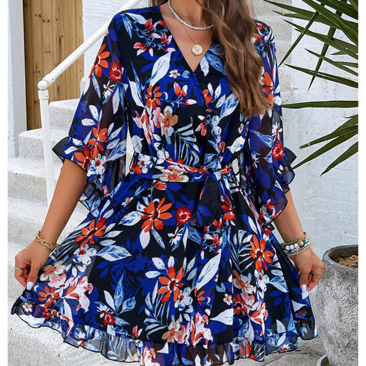 Playful women's mini dress with floral pattern & bell sleeves – Liora-Blue-S-Nora Luxe