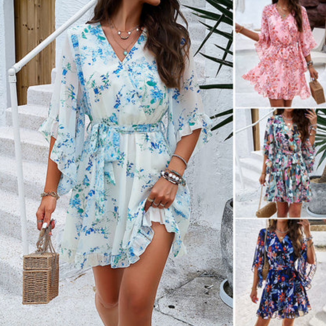 Playful women's mini dress with floral pattern & bell sleeves – Liora-White-S-Nora Luxe