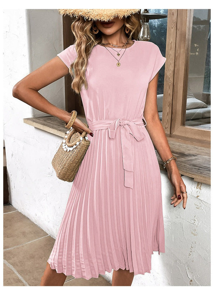 Pleated A-Line Summer Dress for Women with Short Sleeves – Melina-Pink-S-Nora Luxe
