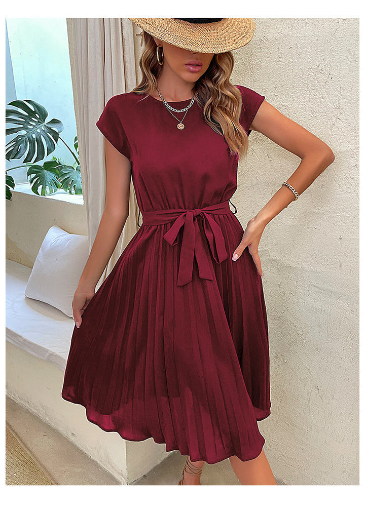 Pleated A-Line Summer Dress for Women with Short Sleeves – Melina-Wine Red-S-Nora Luxe