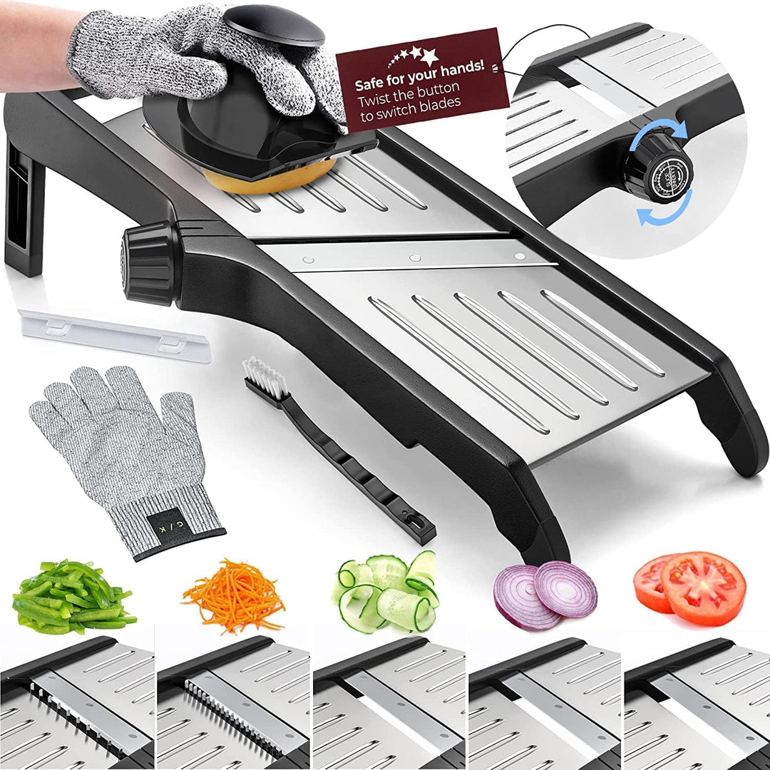 Premium food slicer with cut-resistant gloves-Adjustable Mandoline-Nora Luxe